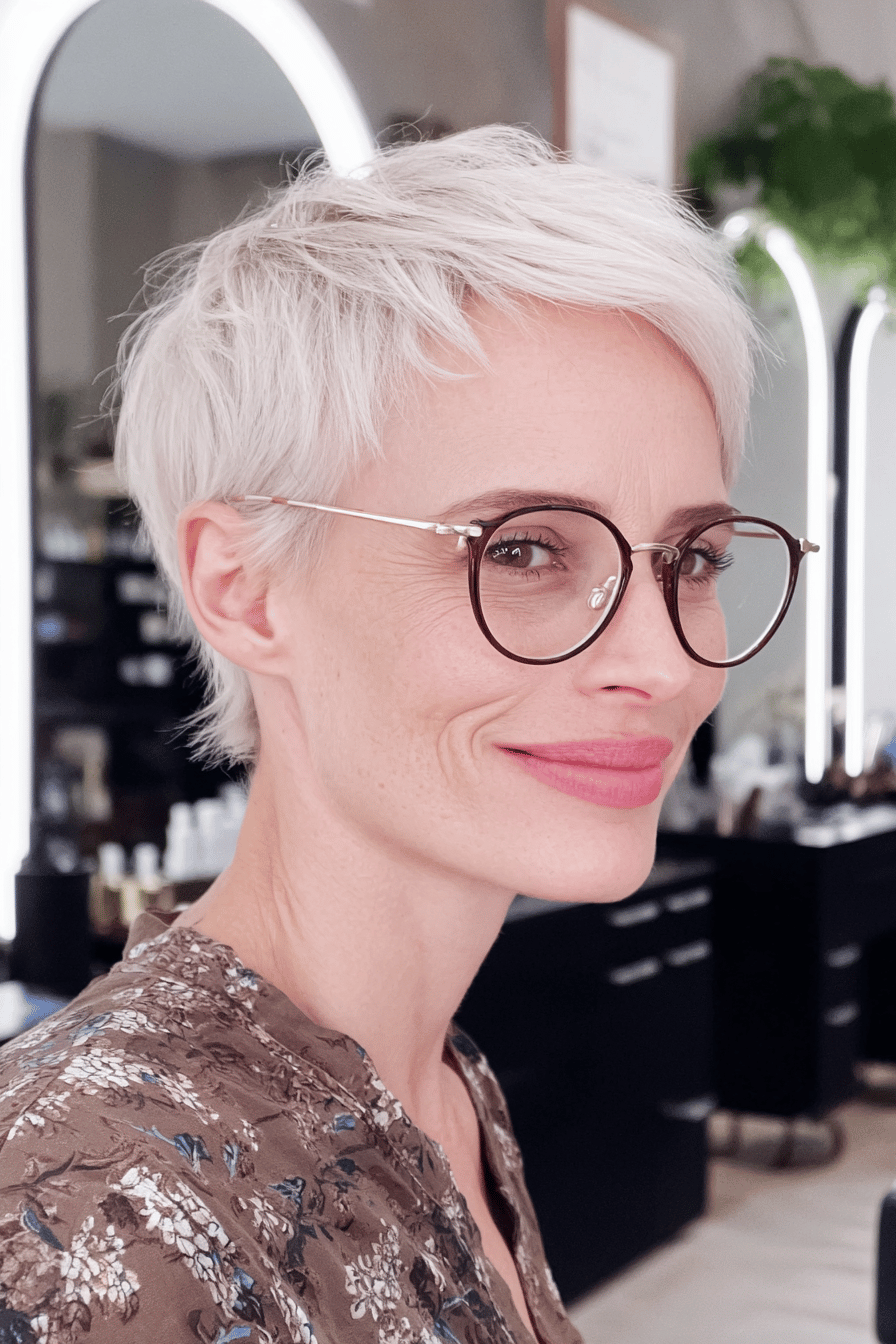 Person mit kurzem, weißem Micro-Pony-Haarschnitt und rundlicher Brille.
