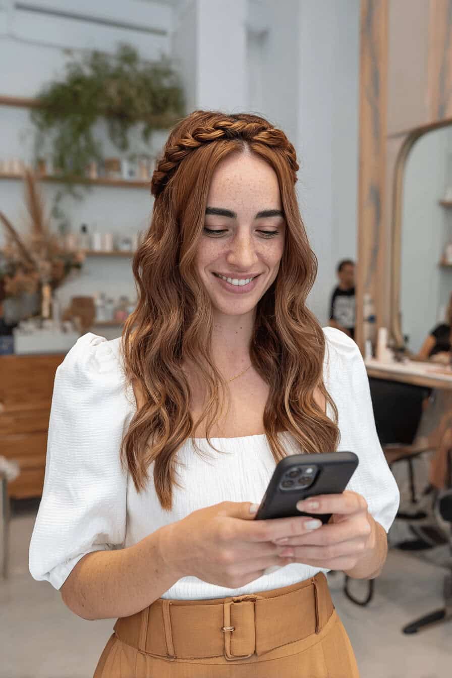 Frau mit Flechtfrisur und Mittelscheitel lächelt und schaut auf ihr Handy.