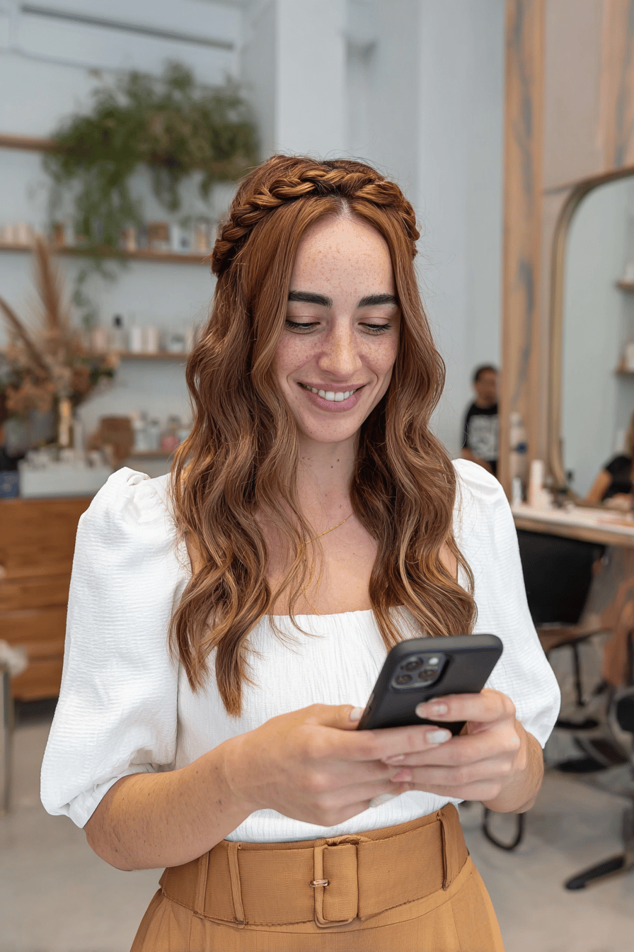 Frau mit Flechtfrisur und Mittelscheitel lächelt und schaut auf ihr Handy.