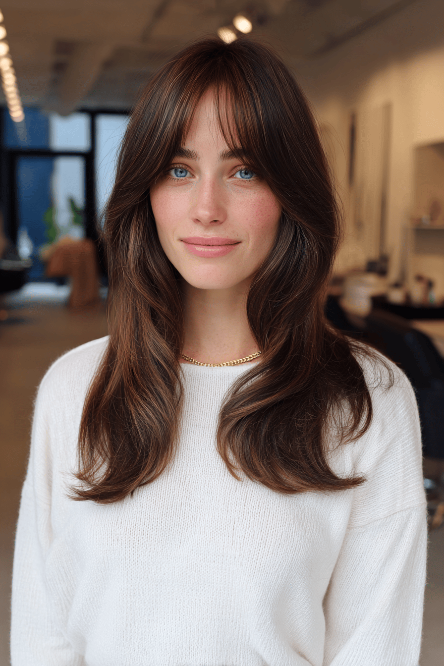 Frau mit langen braunen Haaren und Mittelscheitel-Fransen in einem Salon.