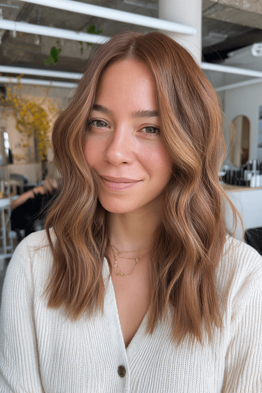 Frau mit welligem Haar und Mittelscheitel in einem modernen Salon.