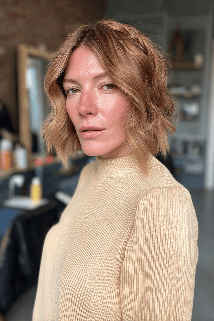 Frau mit welligem Haar und Mittelscheitel in einem Salon.