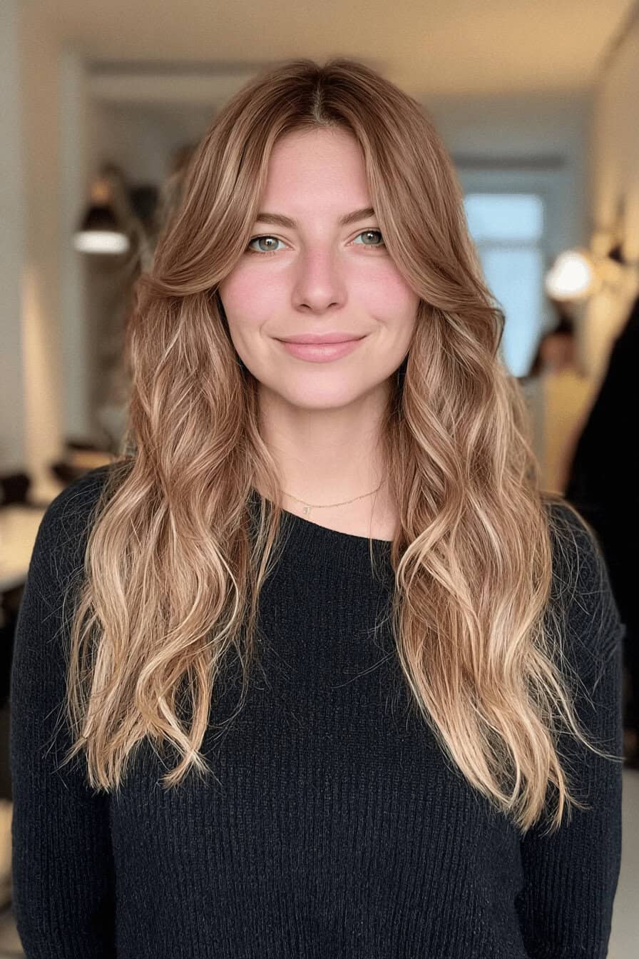 Frau mit langen, gewellten Haaren und einem langen Pony.