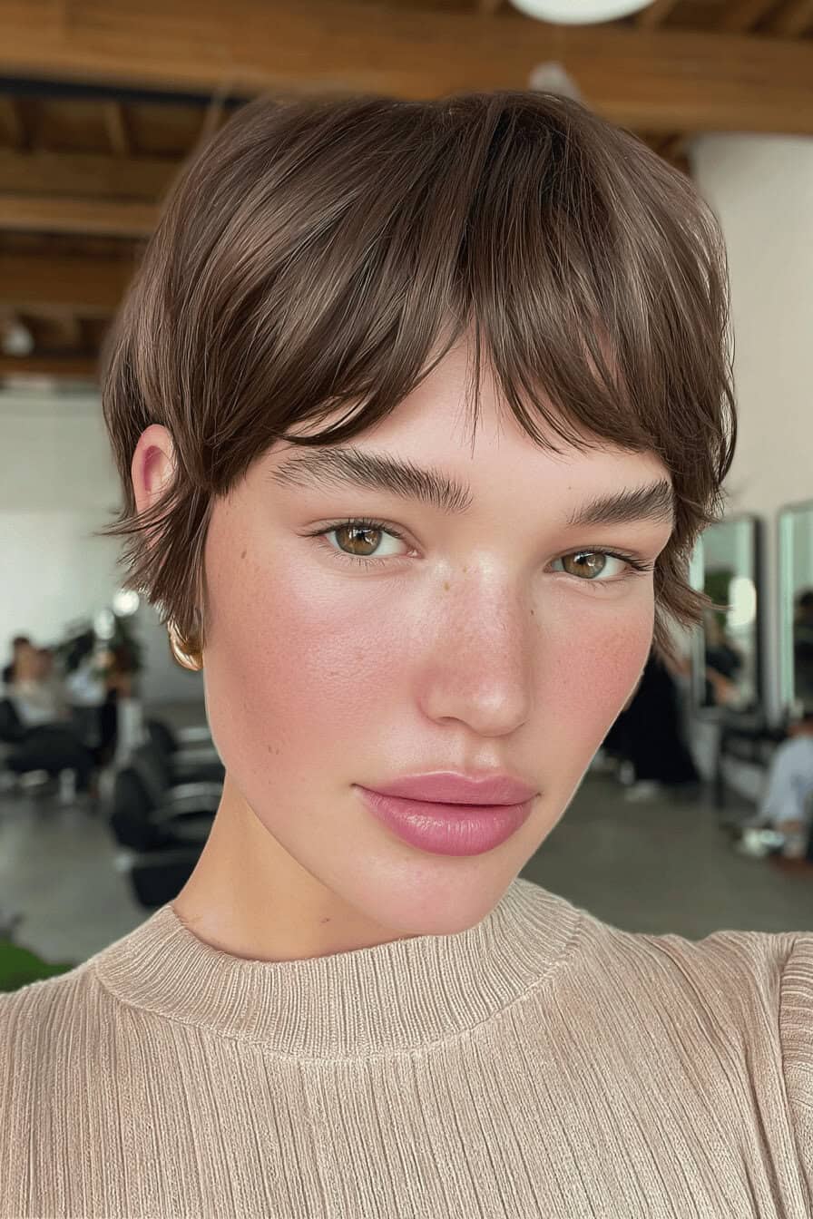 Person mit einem eleganten Pixie Cut und Pony in einem Friseursalon.