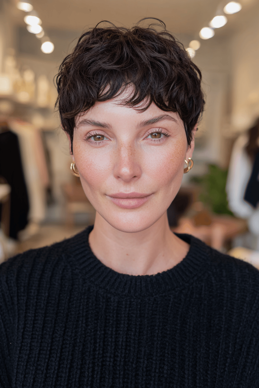 Frau mit kurzem Pixie Cut und Mittelscheitel lächelt in die Kamera.