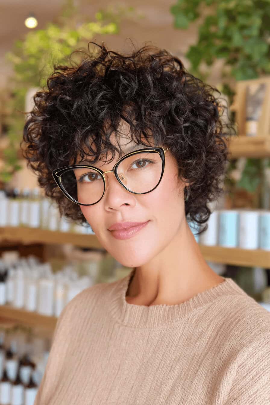Frau mit lockigem Pony und Cat-Eye-Brille vor einem Bücherregal.