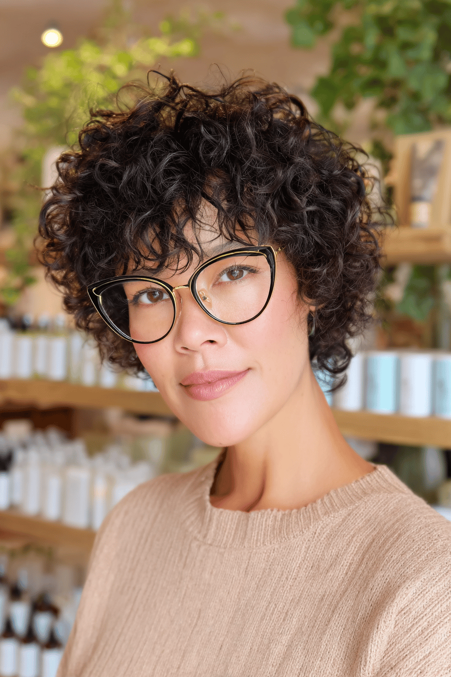 Frau mit lockigem Pony und Cat-Eye-Brille vor einem Bücherregal.