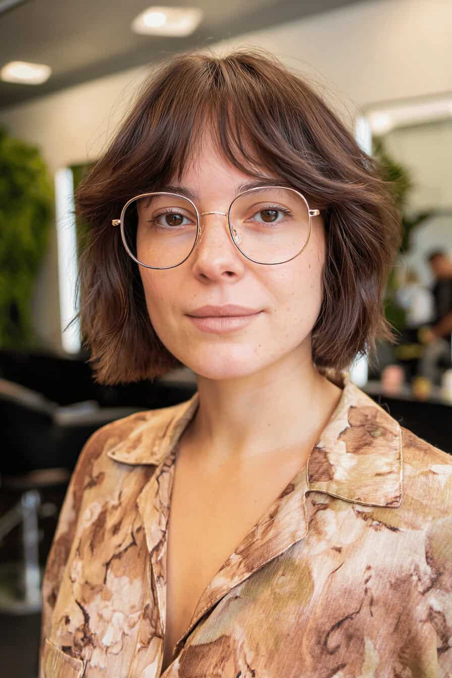 Frau mit dünnem Pony und runder Metallbrille.