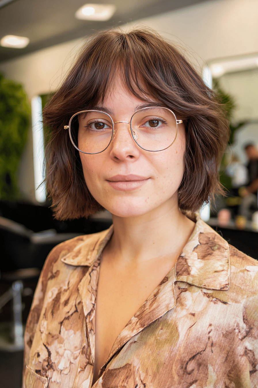Frau mit dünnem Pony und runder Metallbrille.