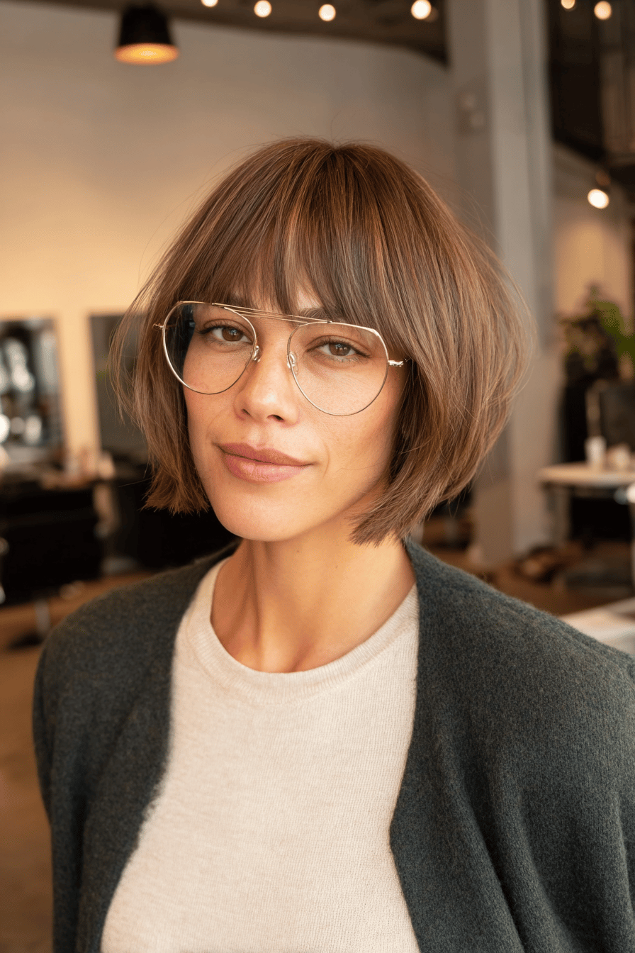 Person mit kantig geschnittenem Pony und eleganter Brille.