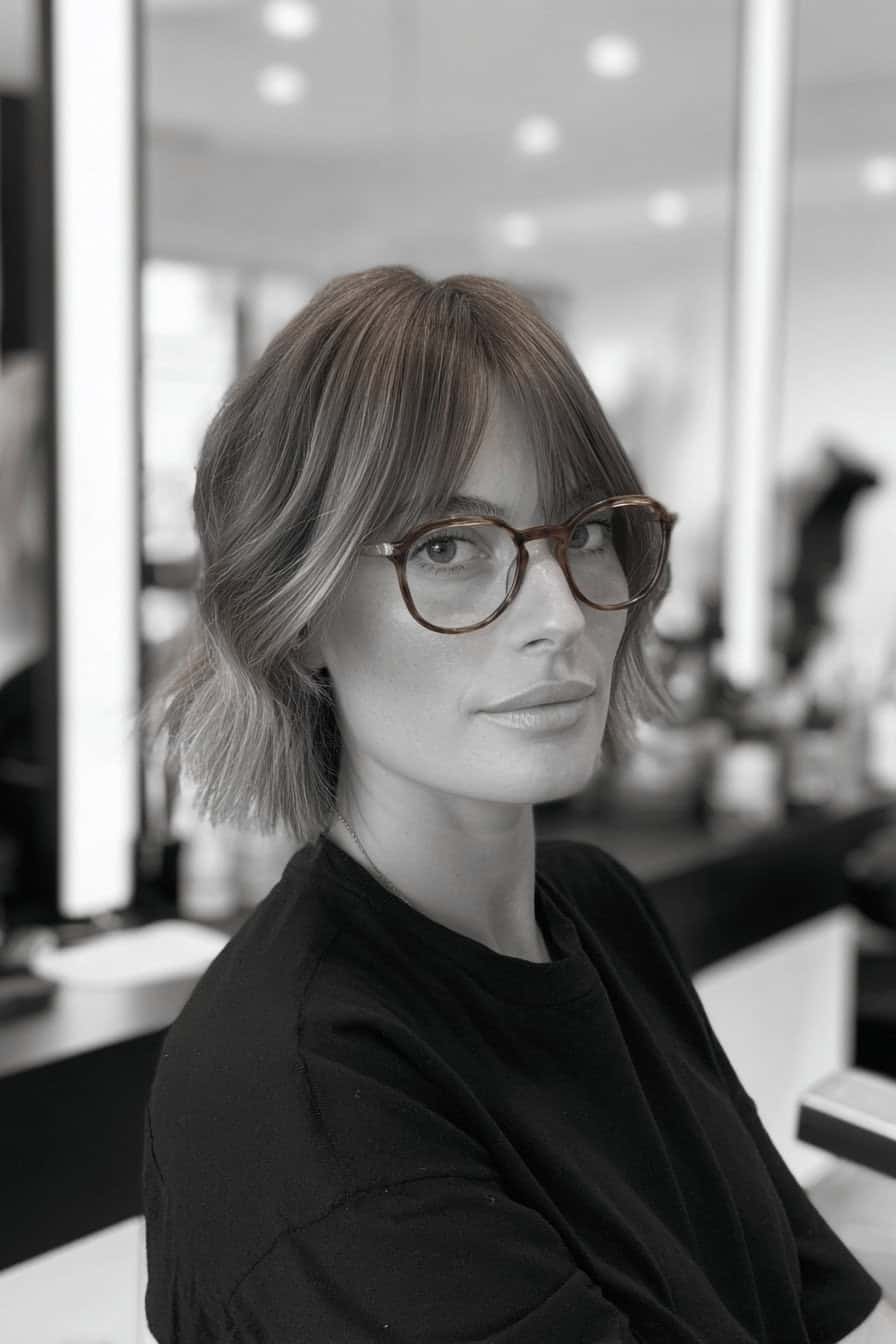 Person mit schicker Ponyfrisur und stilvoller Brille im Friseursalon.