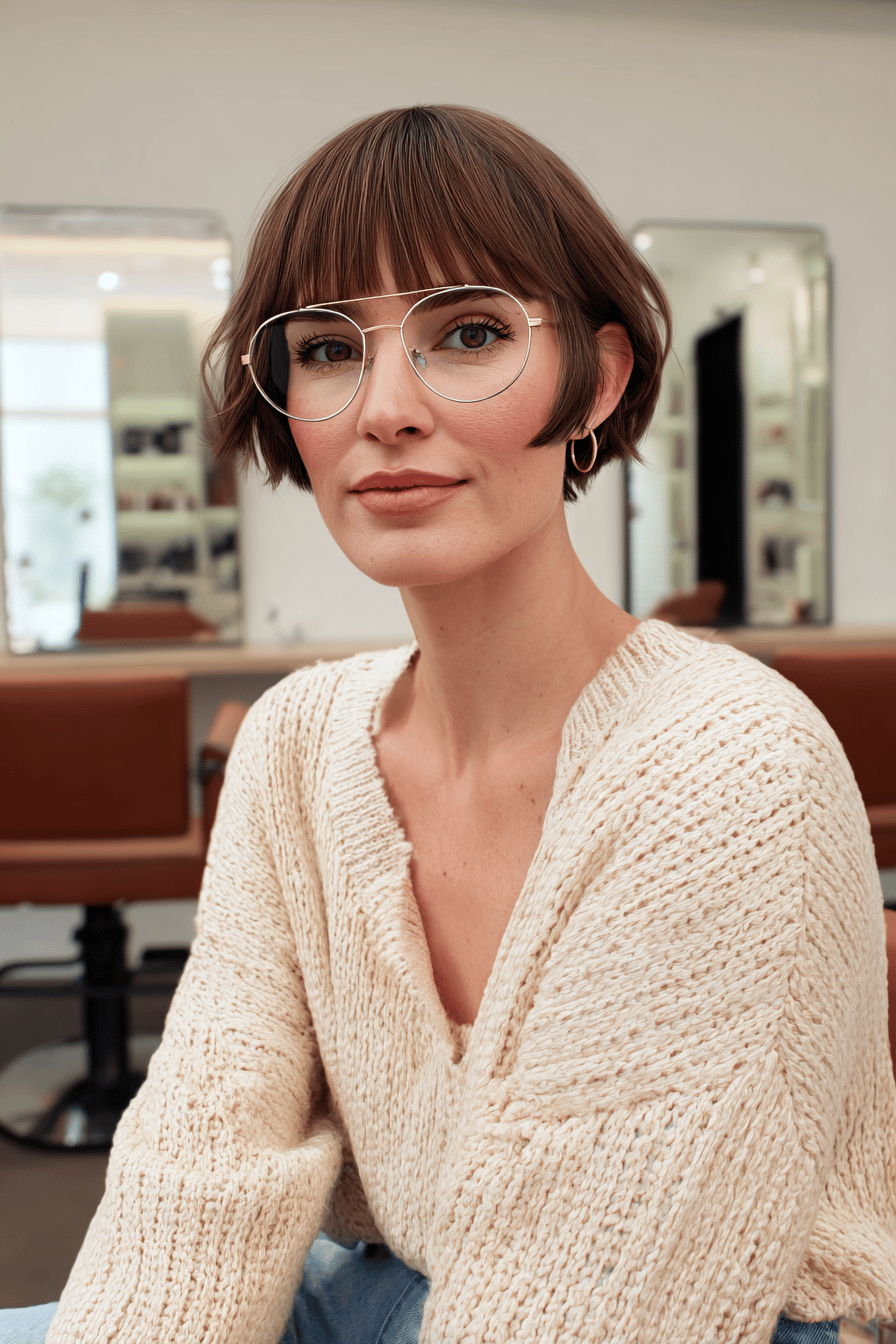 Person mit kurzem braunem, geradem Pony und einer minimalistischen Brille.
