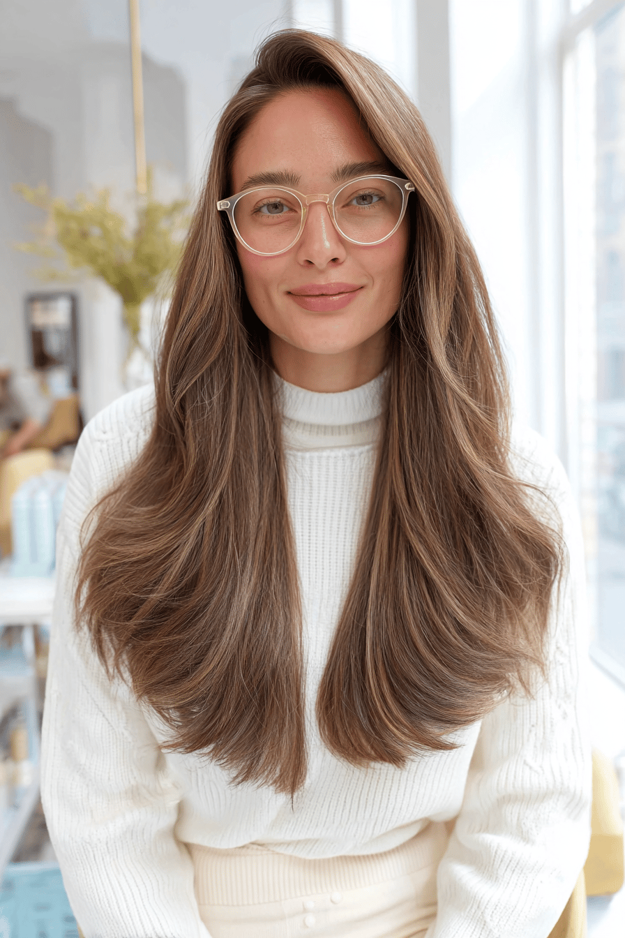 Eine Person mit langem, gebrochenem Pony und Hornbrille zeigt ihren Stil.