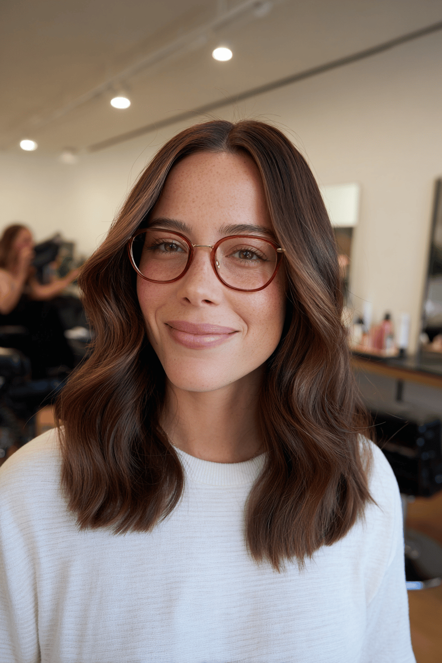 Frau mit welligem Pony und klassischer Brille in einem Friseursalon.