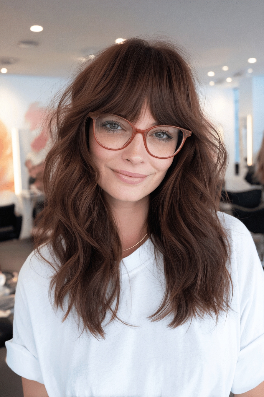 Frau mit voluminösem Pony und großer Brille.