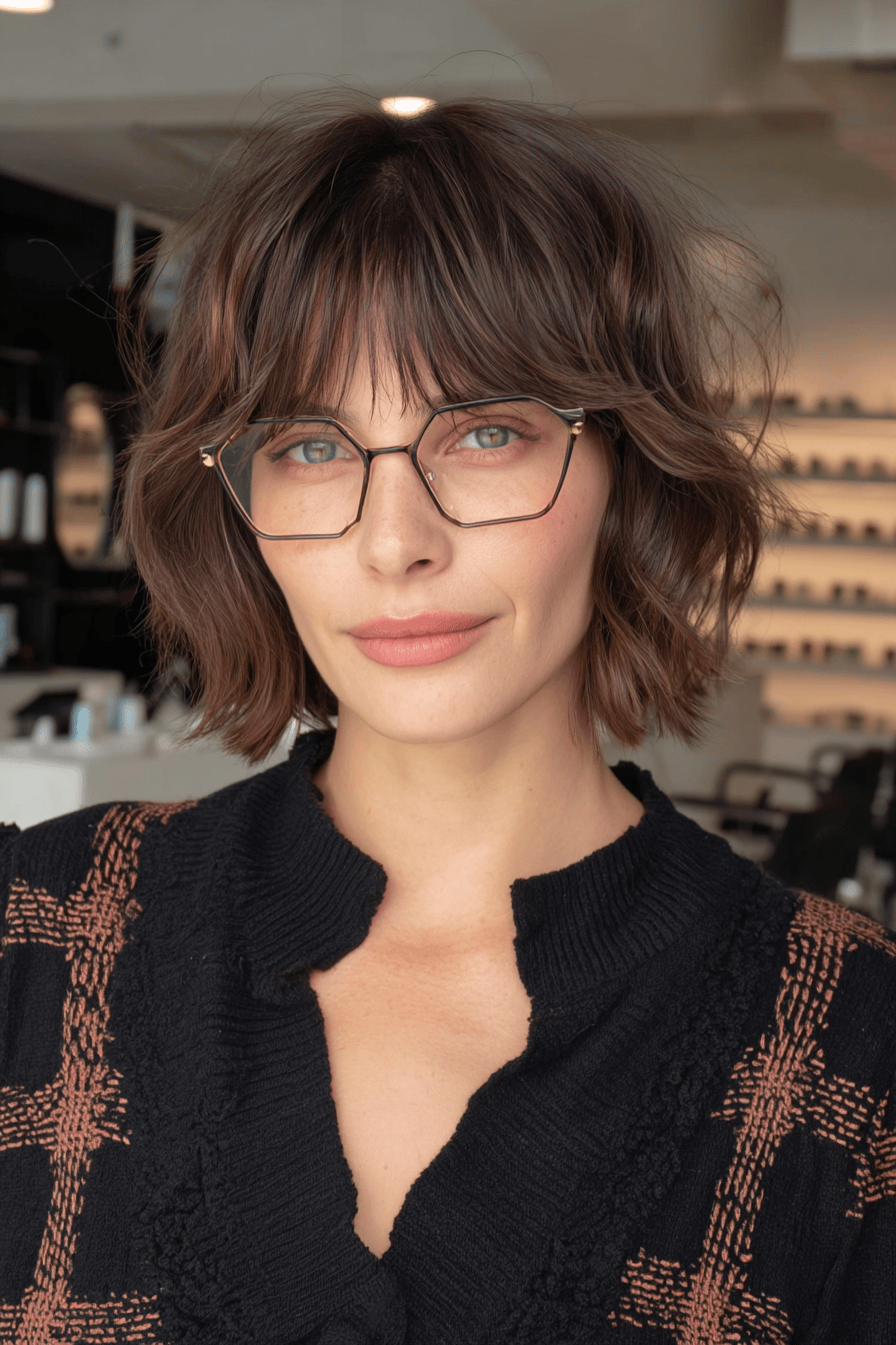 Person mit asymmetrischem Pony und geometrischer Brille in einem Modegeschäft.