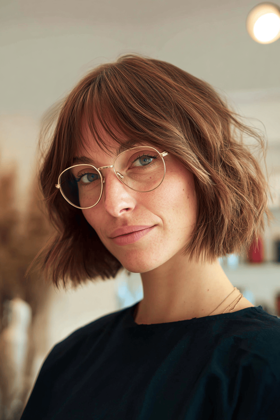 Person mit halblangem Pony und runder Retro-Brille.