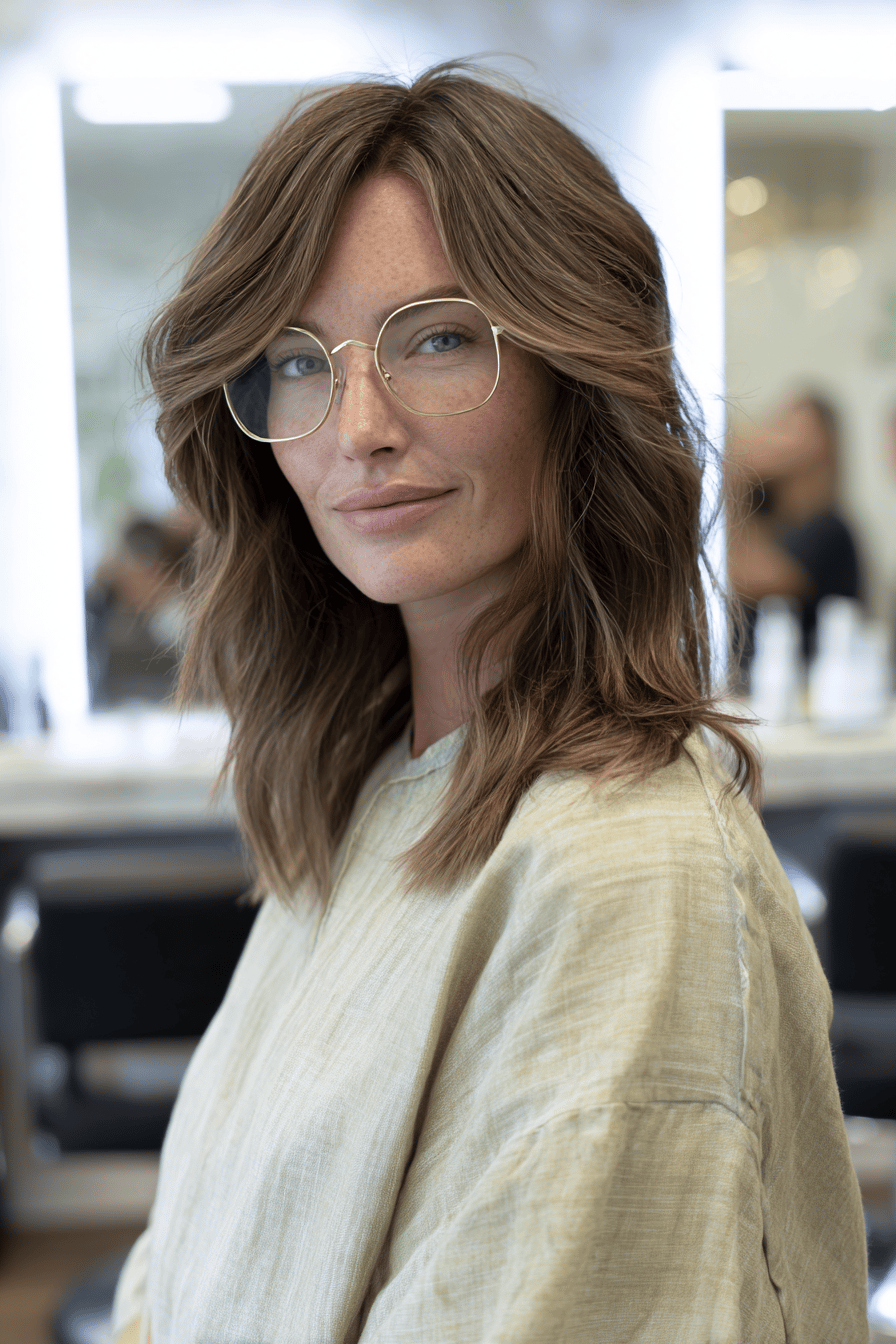 Person mit langem, seitlichen Pony und moderner Brille im Friseursalon.