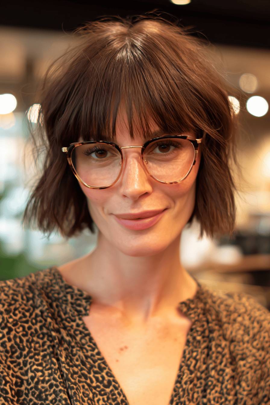 Person mit einem federartigen Pony und Brille mit Schildpattmuster.