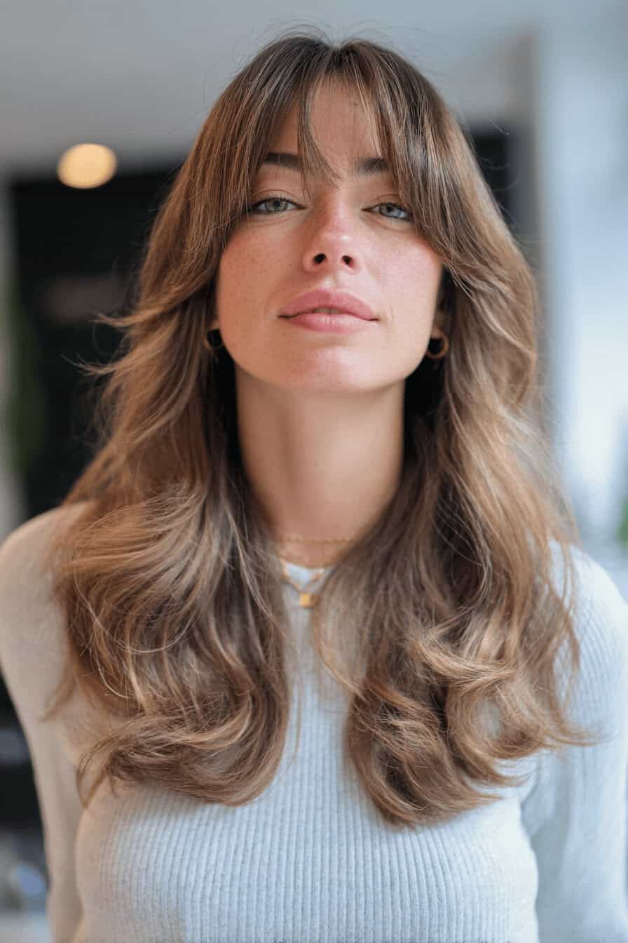 Nahaufnahme einer Frau mit langem, gewellten Haar und Pony.