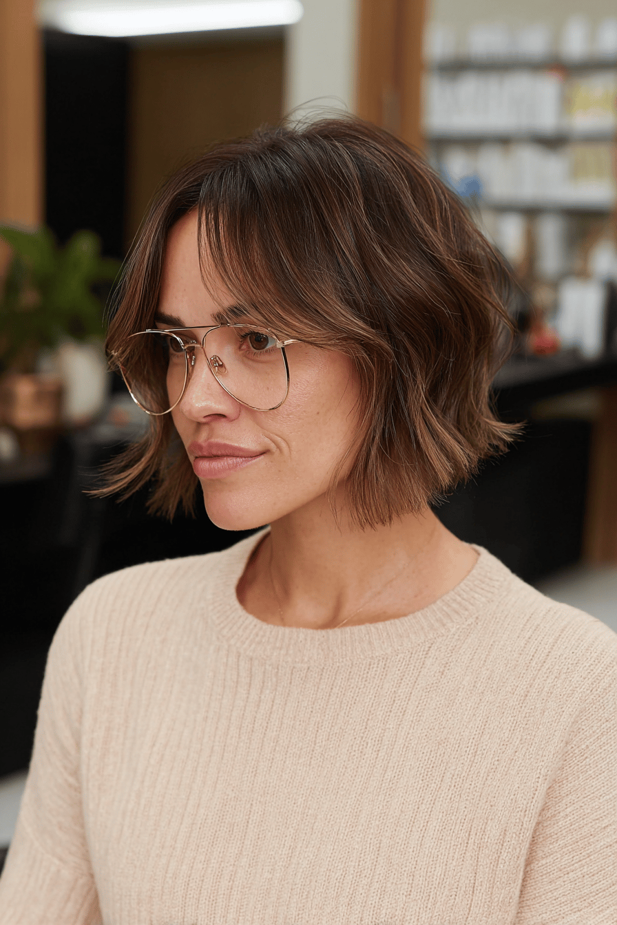Person mit zerzaustem Pony und Aviator-Brille.