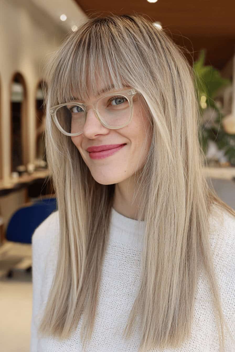 Frau mit langem, glattem Haar, stumpfen Pony und großer Brille.