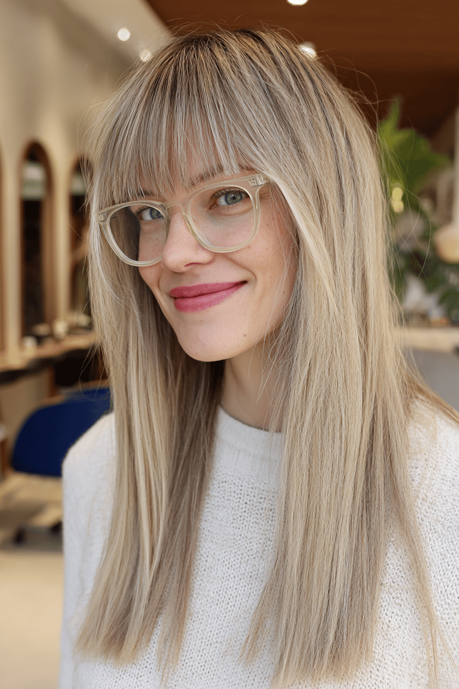 Frau mit langem, glattem Haar, stumpfen Pony und großer Brille.