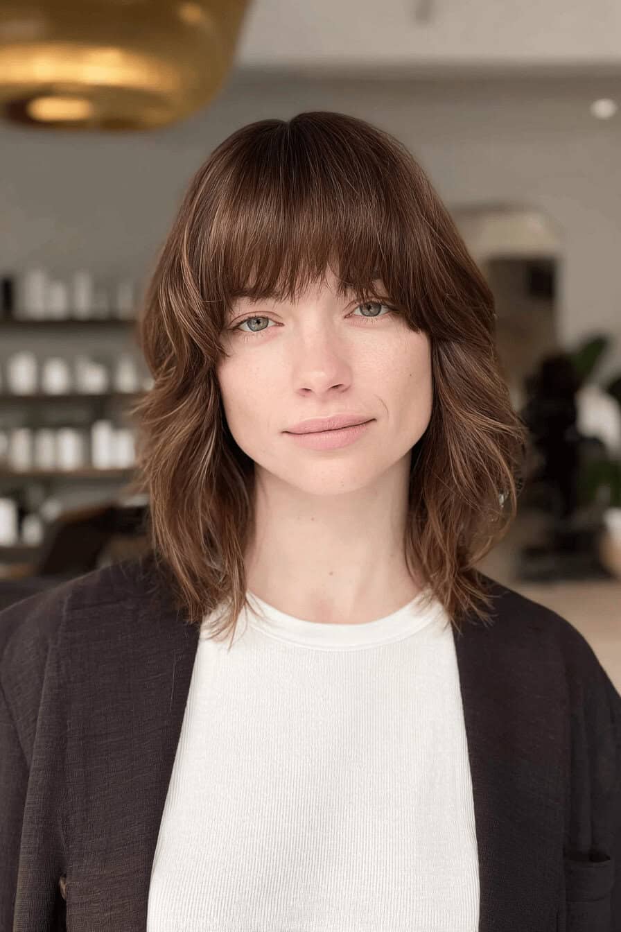 Person mit modern geschnittenem texturierten Pony und locker fallendem Haar.