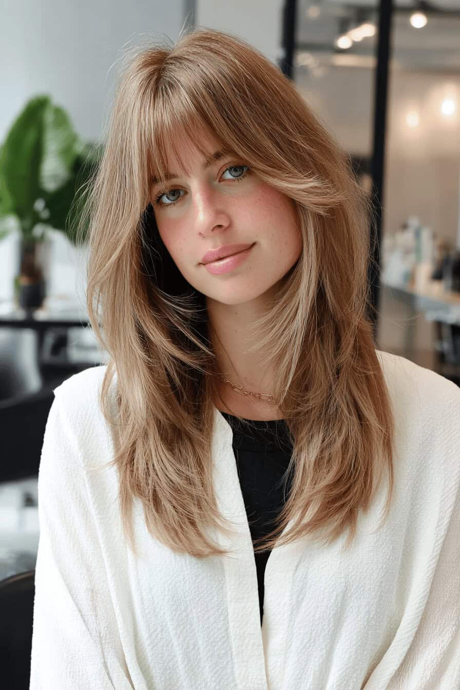 Frau mit mittellangem Haar und Pony in einem modernen Raum.