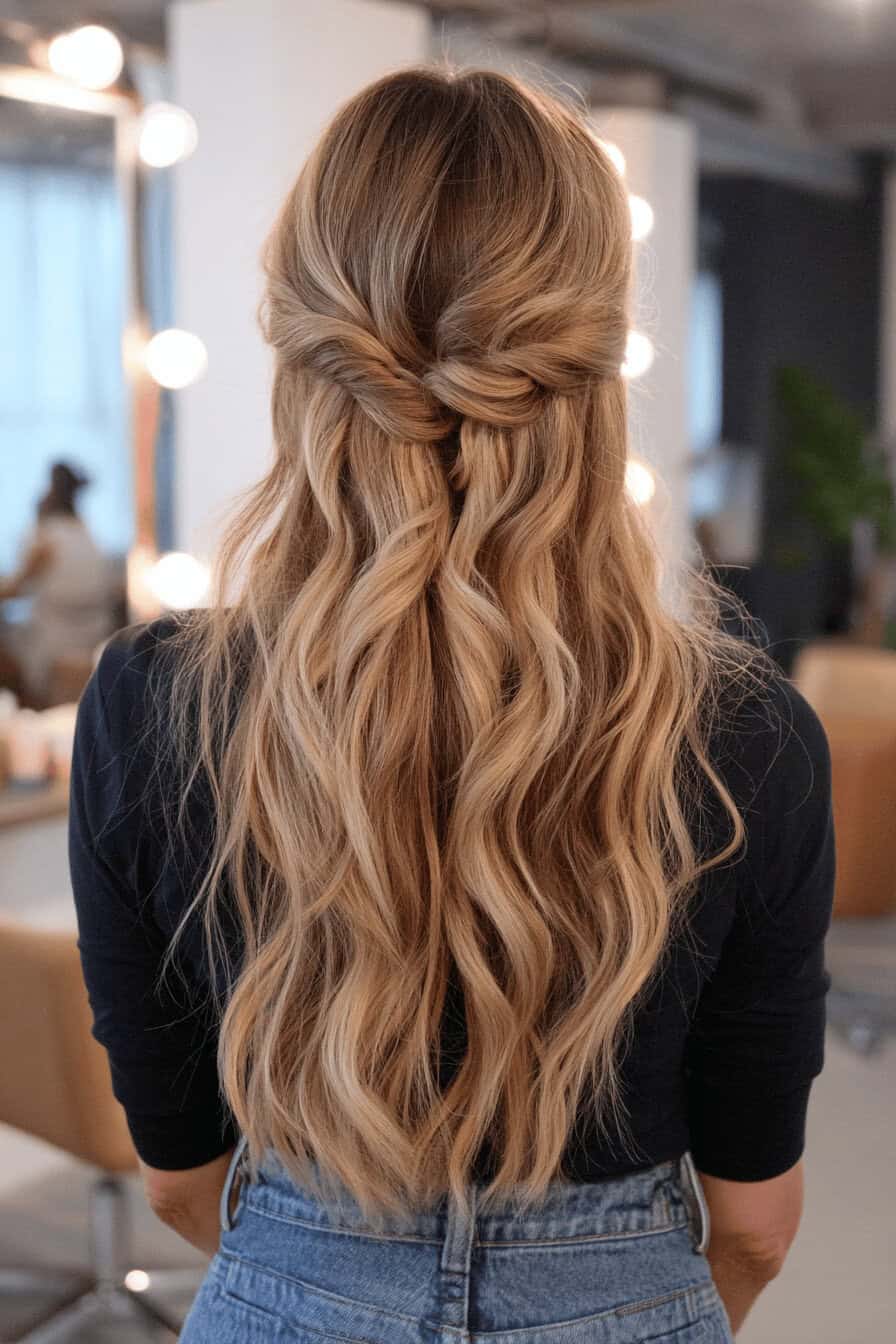 Frau mit langen, gewellten Haaren und zusammengebundenem Pony von hinten.