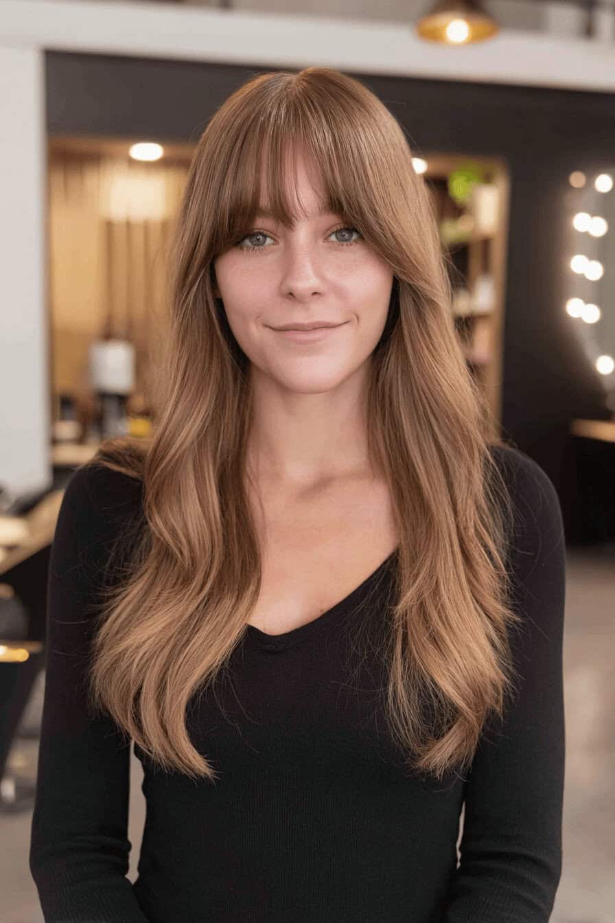 Frau mit langem, braunem Haar und Pony in einem Friseursalon.
