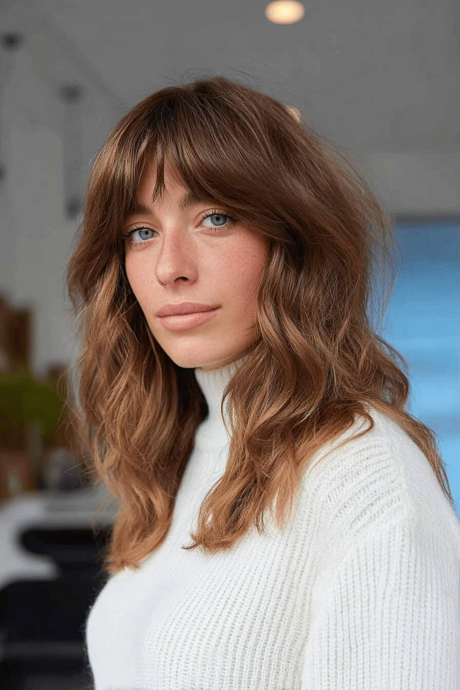 Frau mit voluminösem Pony und welligem Haar in einem weißen Pullover.