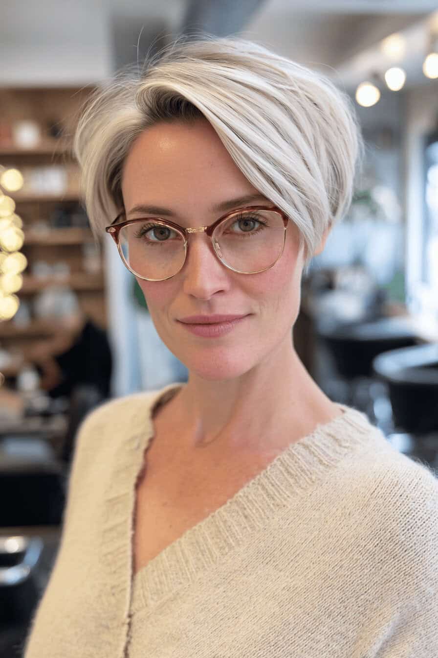 Frau mit asymmetrischem Kurzhaarschnitt und Brille im Salon.
