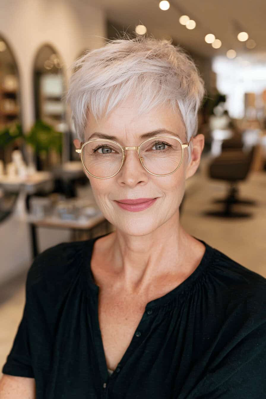 Ältere Frau mit stilvollem, kurzem, grauem Pixie-Haarschnitt und runder Brille im Salon