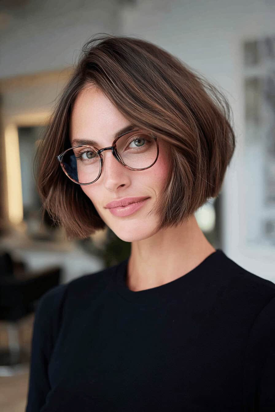 Frau mit asymmetrischem Bob und Brille, zeitloser und moderner Stil.