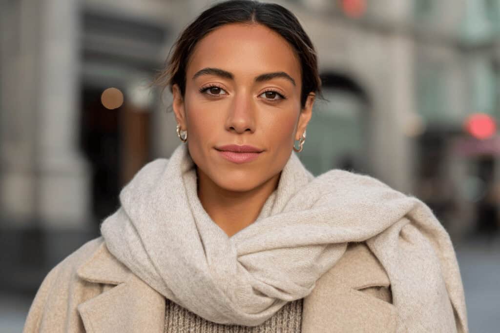 Frau mit beigem Wintermantel und Schal, streetstyle
