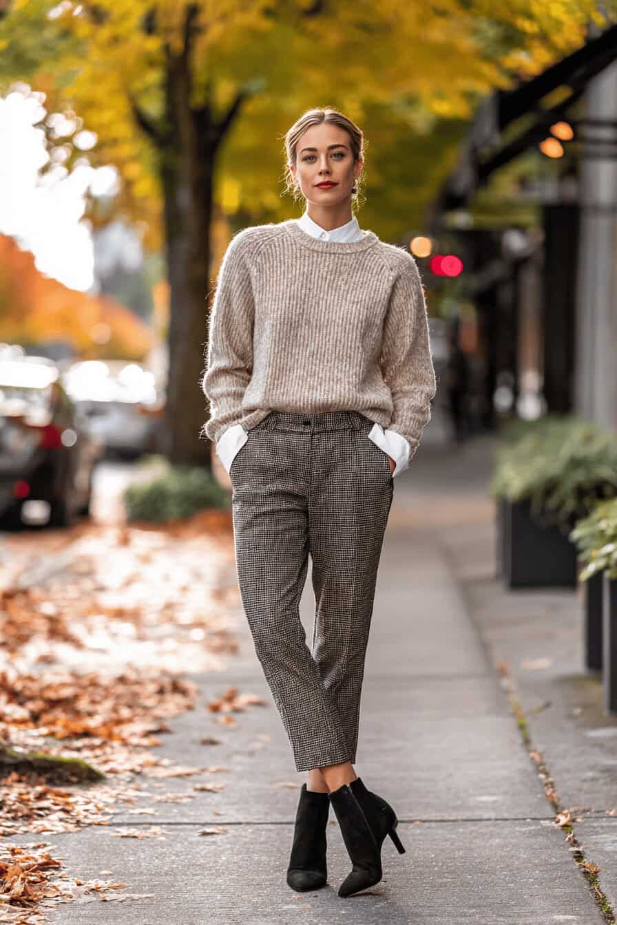 Frau in herbstlichem Outfit mit Bluse unter Strickpullover auf Laub-bedecktem Bürgersteig