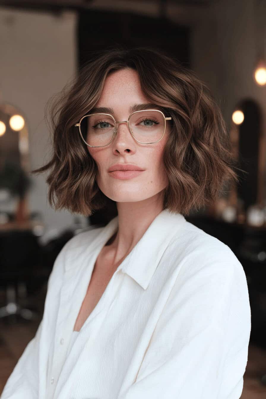 Frau mit mittellangem Bob, sanften Beach Waves und Brille