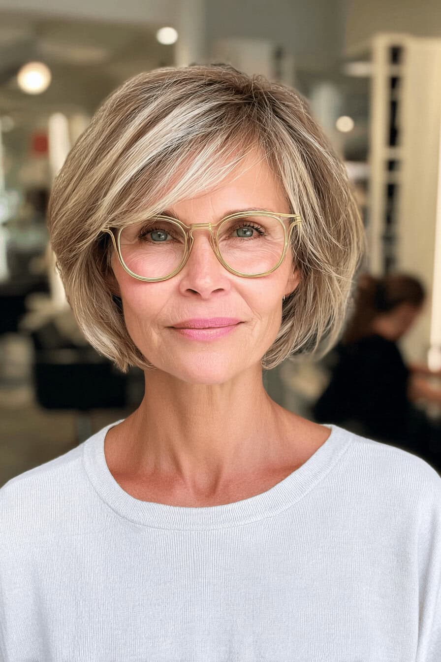 Frau mit gestuftem Bob und Brille in einem Friseursalon.