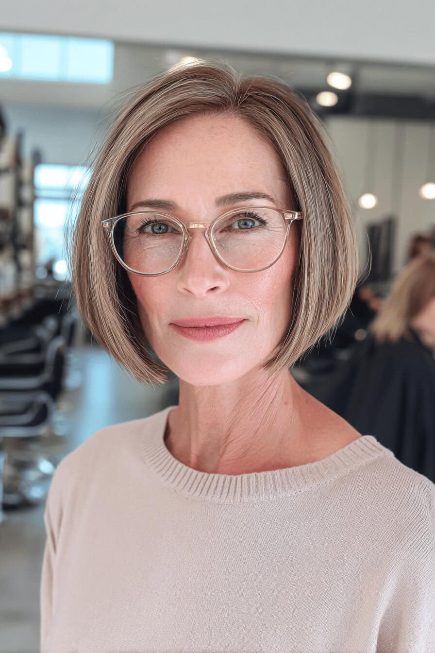 Frau mit einem eleganten Blunt Bob und Brille im Friseursalon.