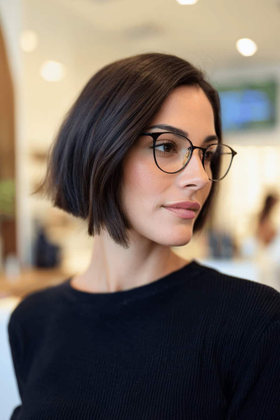 Frau mit einem eleganten, kurzen französischen Bob und modischer Brille.