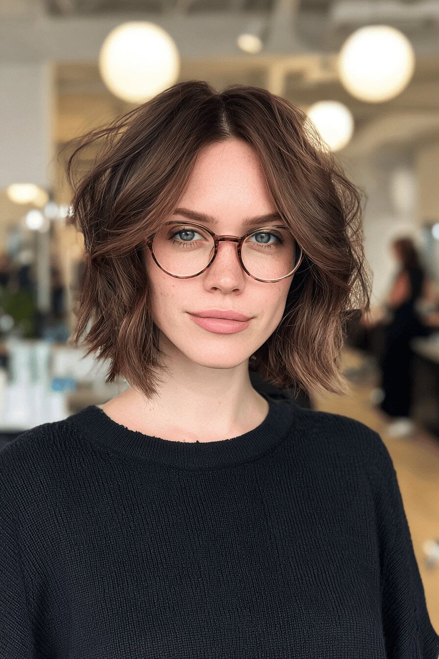Frau mit voluminösem Bob und Brille in einem modernen Salon.