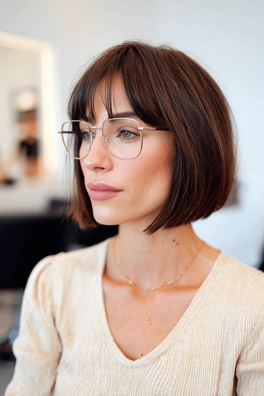 Frau mit einem Bob und Curtain Bangs, die eine Brille trägt, in einem hellen Raum.