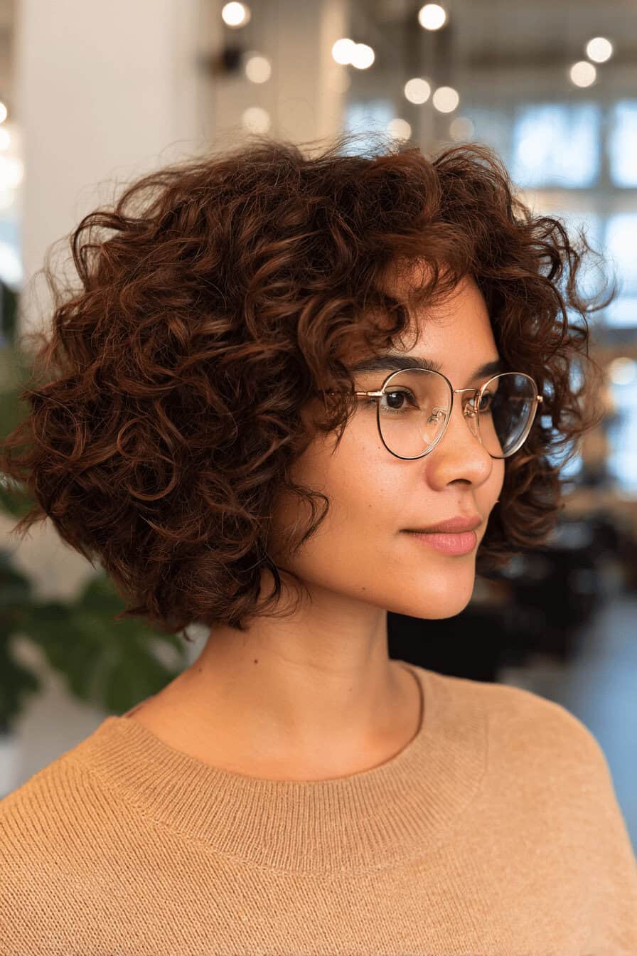 Frau mit lockigem Bob und Brille in modernem, elegantem Look.