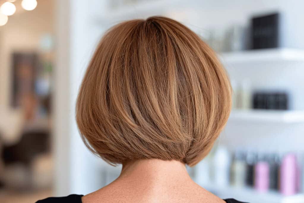 Brauner Bob Haarschnitt mit kurzem Nacken von hinten im Friseursalon