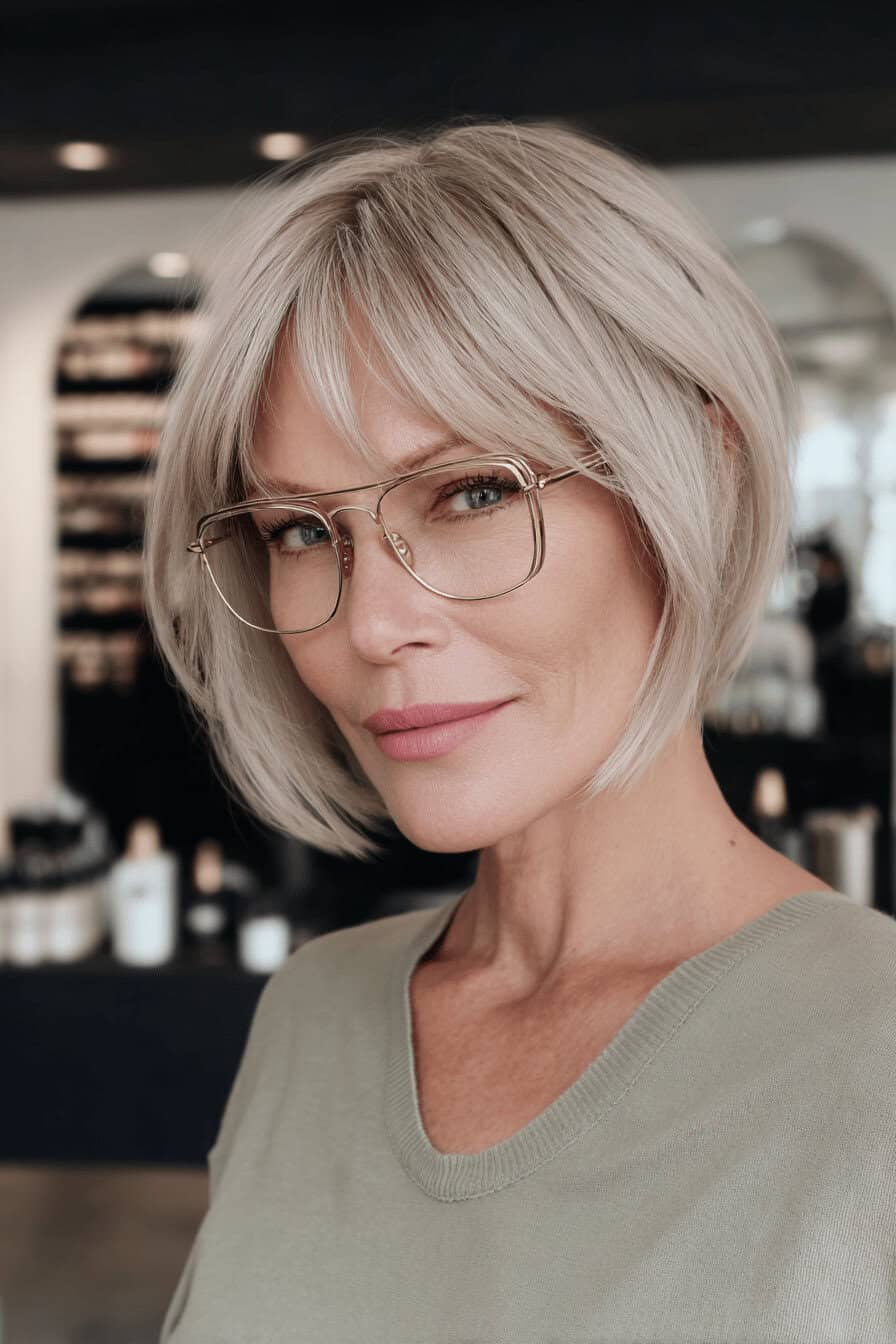 Stilvolle Frau mit blondem Bob und Brille in eleganter Umgebung