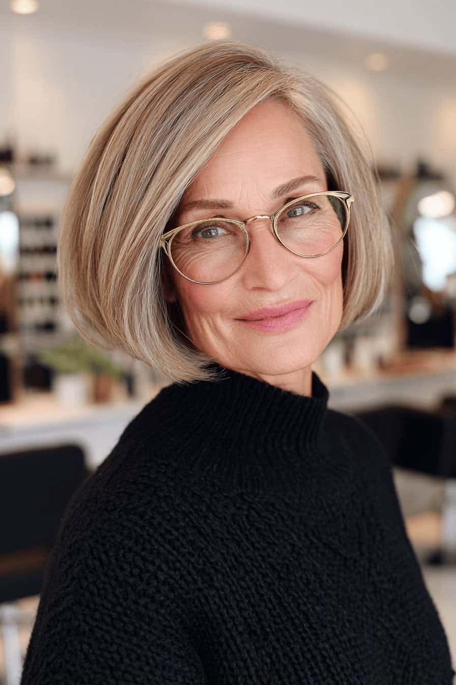 Frau mit Brille und Bob-Frisur sitzt in einem Salon.