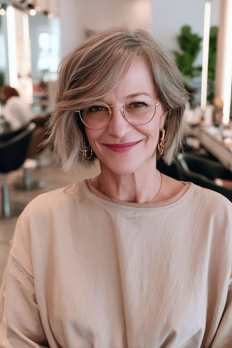 Ältere Frau mit rundem Brillengestell und schrägem Bob-Haarschnitt im Friseursalon