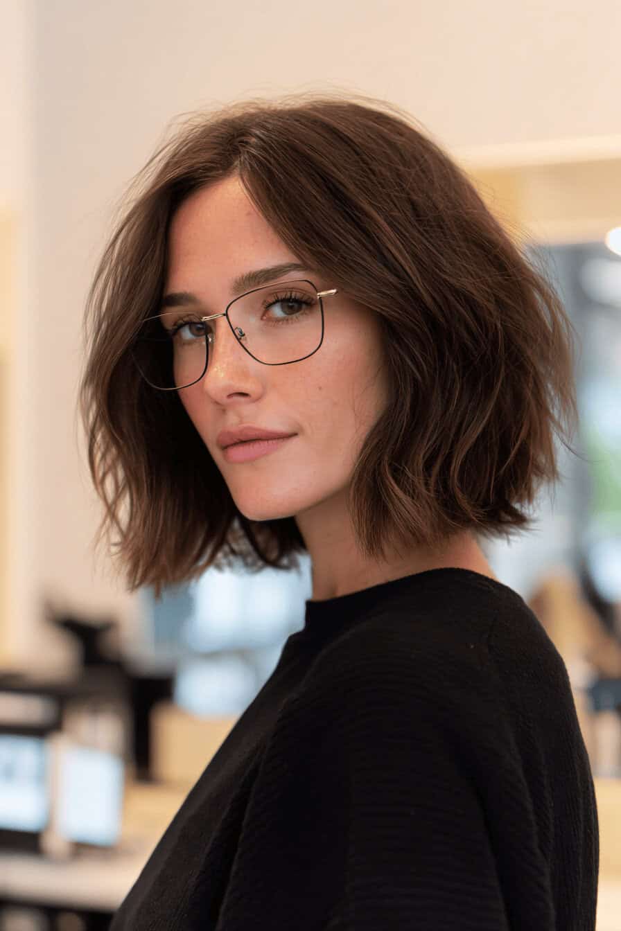 Frau mit Long Bob Frisur und Brille in einem modernen Look.