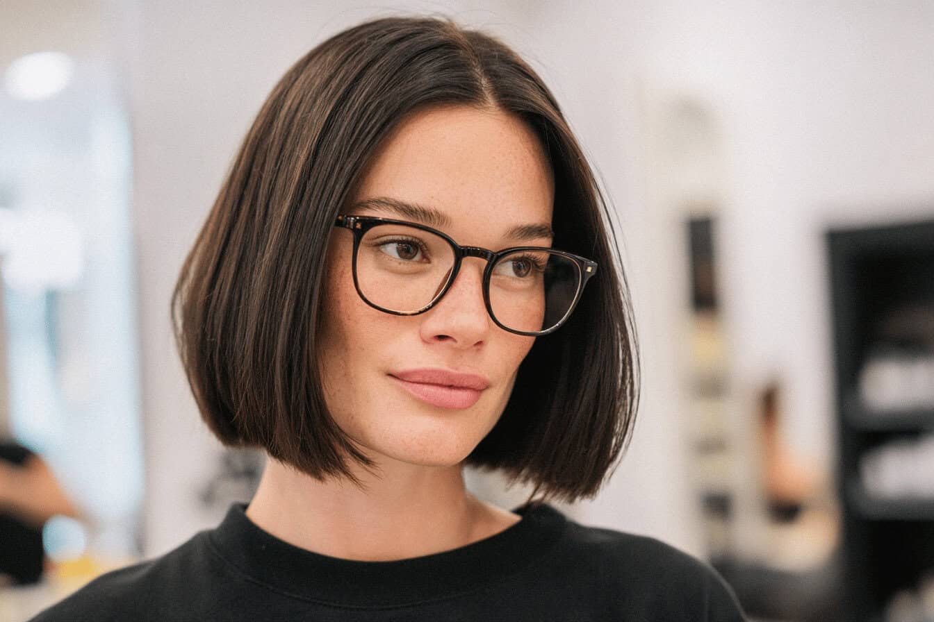 Person mit Brille und braunem Bob-Haarschnitt